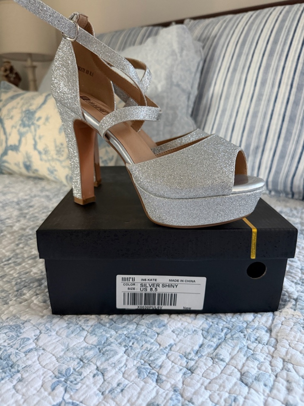IDIFU Silver Glitter Platform Heels with Ankle Strap